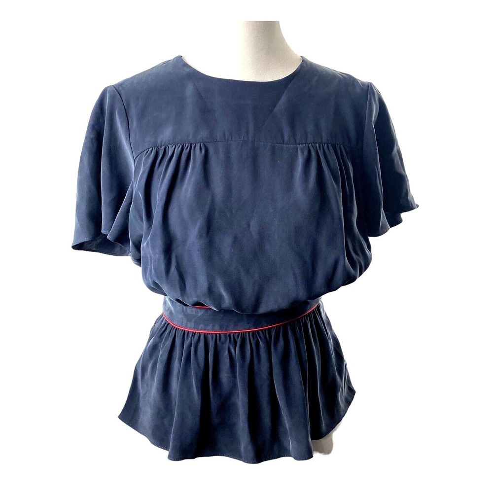 FRAME Women Silk Short Sleeve Side Zip Keyhole Peplum Blouse Sz XS Blue 30-11